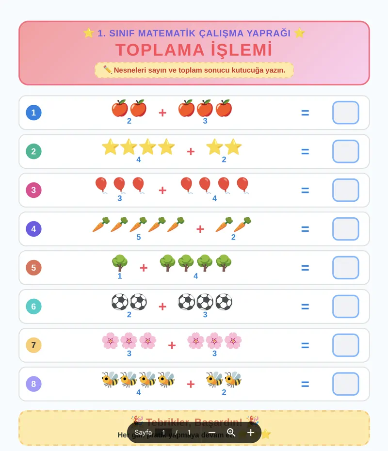 1. Sınıf Matematik Toplama İşlemi Resimli (Ücretsiz PDF İndir)